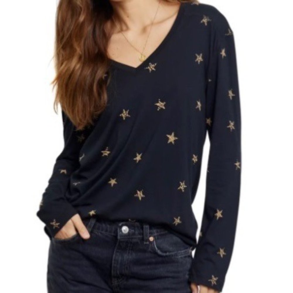 Rails Sami Star Top Animal Print Long Sleeves V-Neck Soft Black Tan Women Medium
